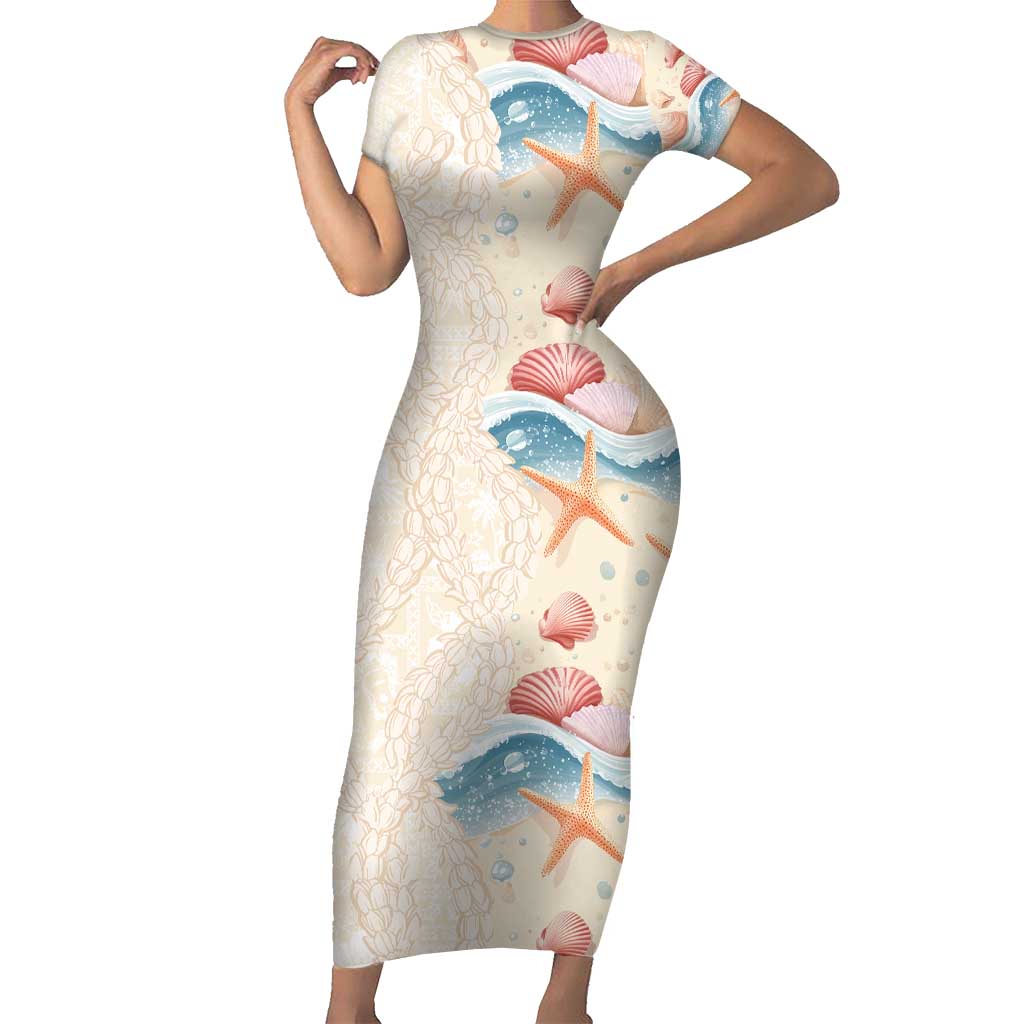 Beige Hawaii Lei Seashells Starfish Short Sleeve Bodycon Dress Sandy Sylized LT01 Long Dress Beige - Polynesian Pride