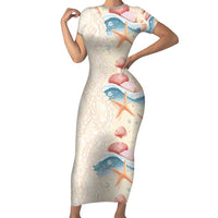 Beige Hawaii Lei Seashells Starfish Short Sleeve Bodycon Dress Sandy Sylized LT01 Long Dress Beige - Polynesian Pride