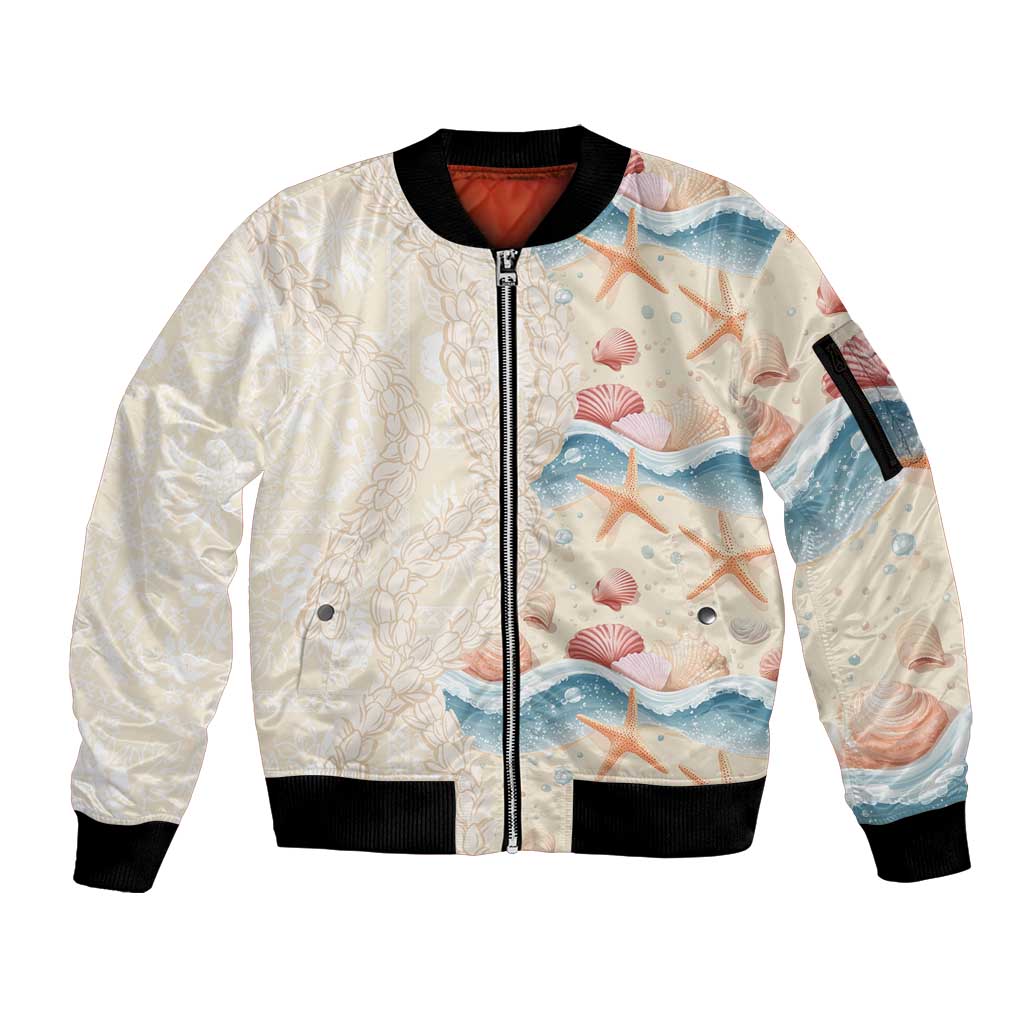 Beige Hawaii Lei Seashells Starfish Sleeve Zip Bomber Jacket Sandy Sylized LT01 Unisex Beige - Polynesian Pride