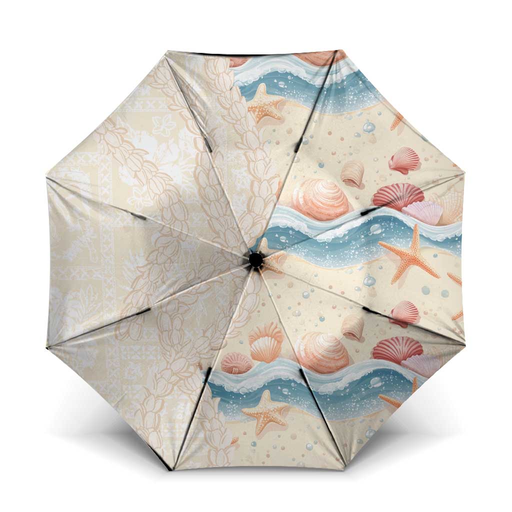 Beige Hawaii Lei Seashells Starfish Umbrella Sandy Sylized LT01 One Size Folded 11.42 inch Opened Diameter 37.4 inch Beige - Polynesian Pride