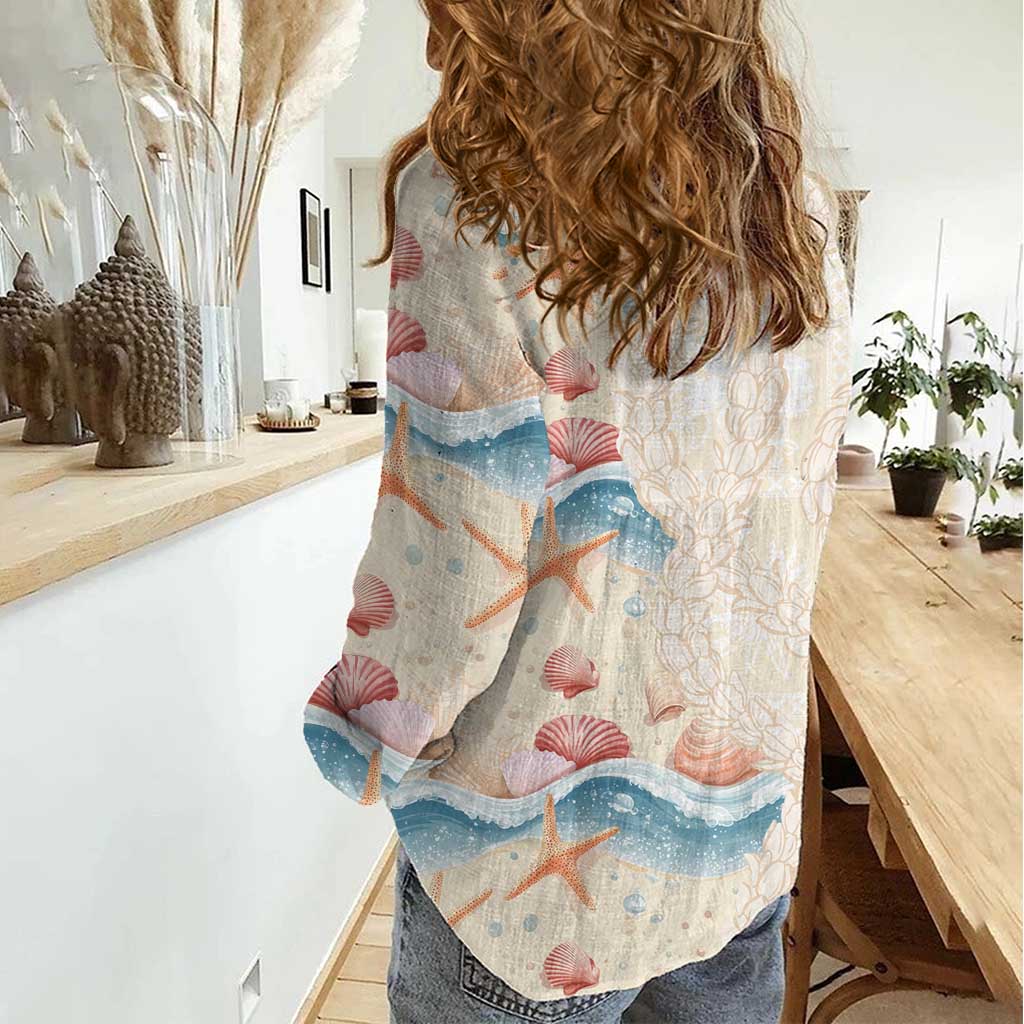 Beige Hawaii Lei Seashells Starfish Women Casual Shirt Sandy Sylized LT01 - Polynesian Pride
