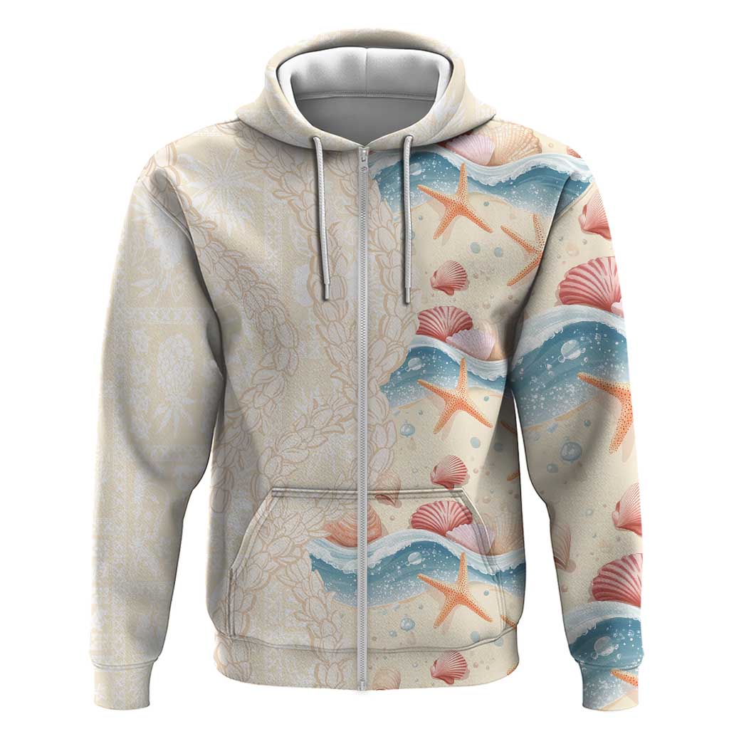 Beige Hawaii Lei Seashells Starfish Zip Hoodie Sandy Sylized LT01 Zip Hoodie Beige - Polynesian Pride