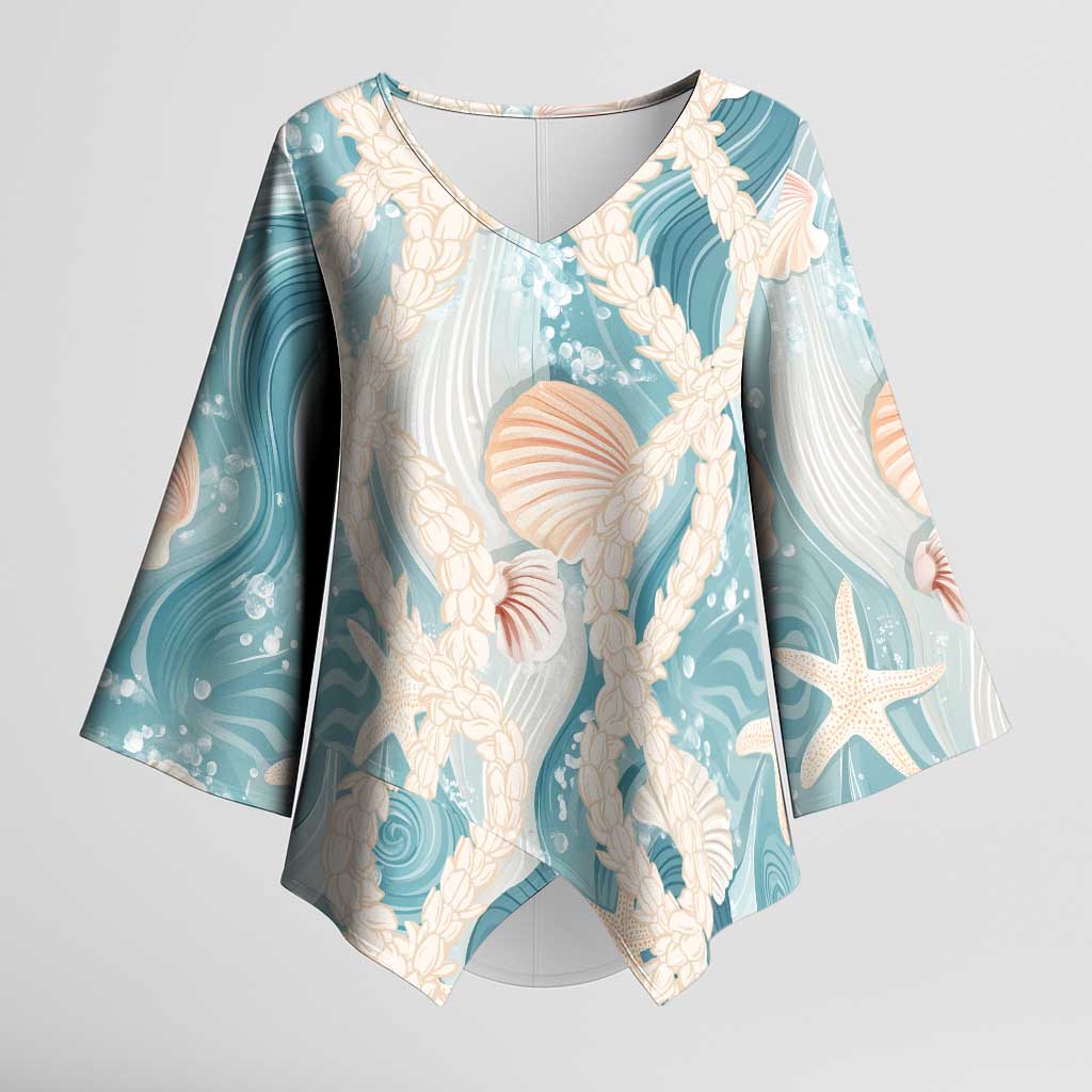 Hawaii Lei Seashells Starfish Kimono Sleeve Blouse Fresh Summer Vibe LT01 Female Blue - Polynesian Pride