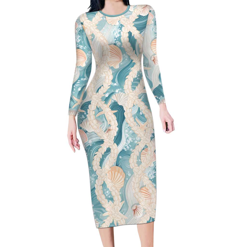 Hawaii Lei Seashells Starfish Long Sleeve Bodycon Dress Fresh Summer Vibe LT01 Long Dress Blue - Polynesian Pride