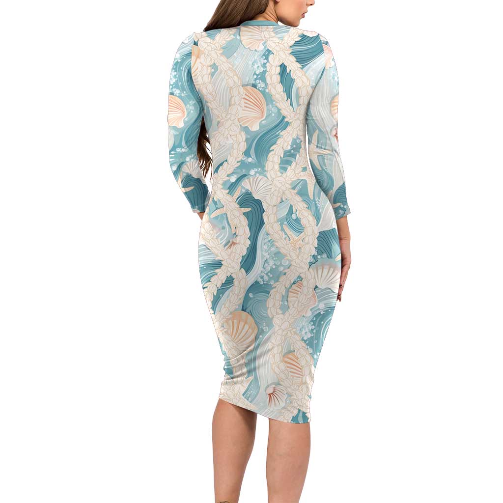 Hawaii Lei Seashells Starfish Long Sleeve Bodycon Dress Fresh Summer Vibe LT01 - Polynesian Pride