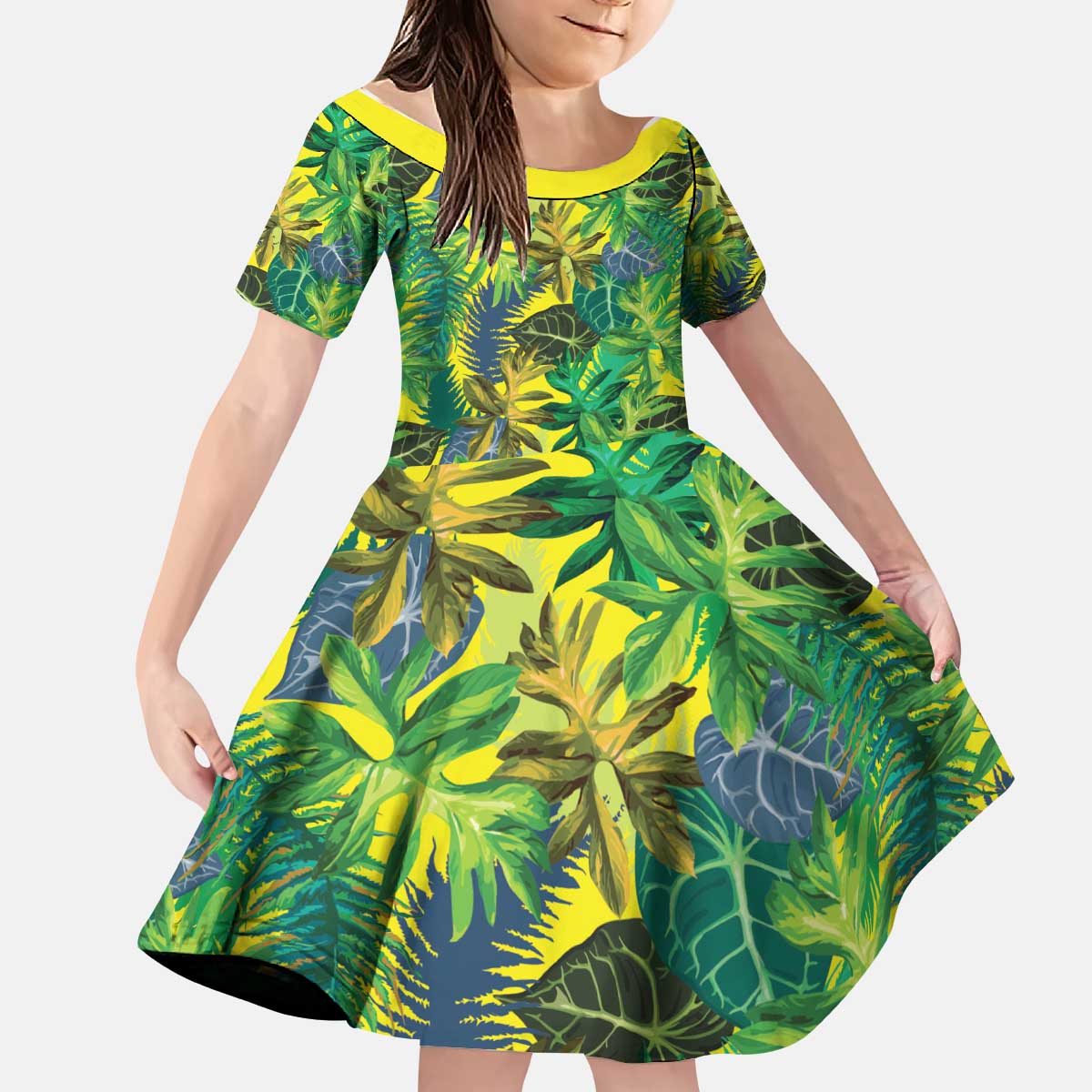 Hawaii Summer Tropical Leaves Kid Short Sleeve Dress LT01 KID Yellow - Polynesian Pride