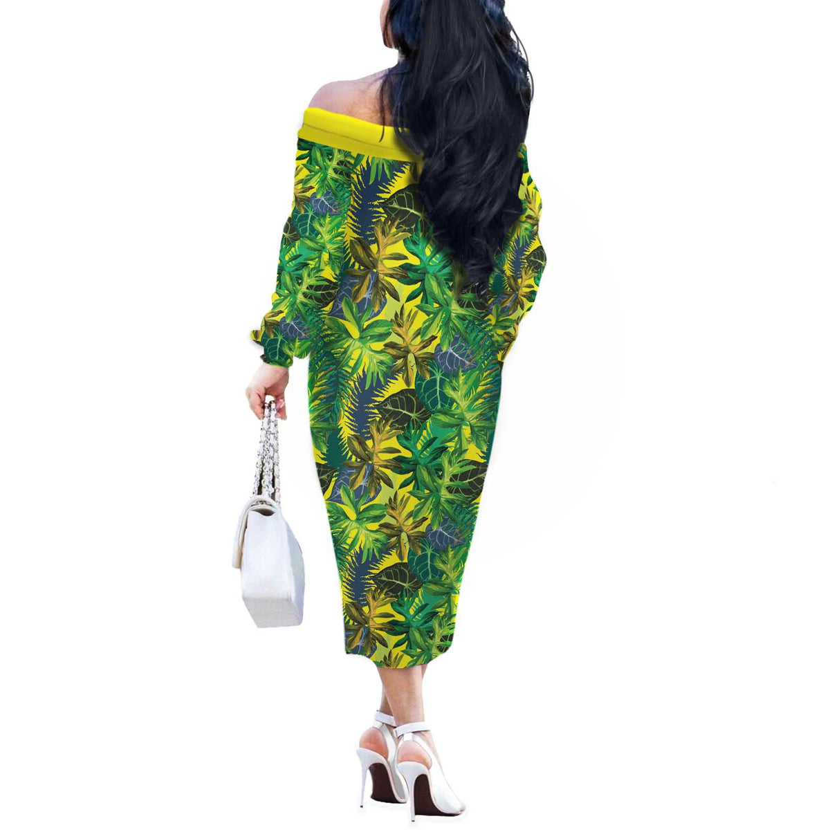 Hawaii Summer Tropical Leaves Off The Shoulder Long Sleeve Dress LT01 - Polynesian Pride