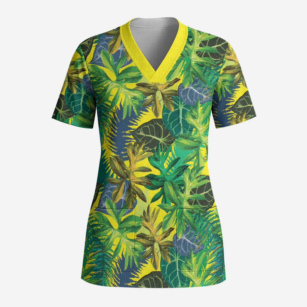 Hawaii Summer Tropical Leaves Scrub Top LT01 Adult Yellow - Polynesian Pride