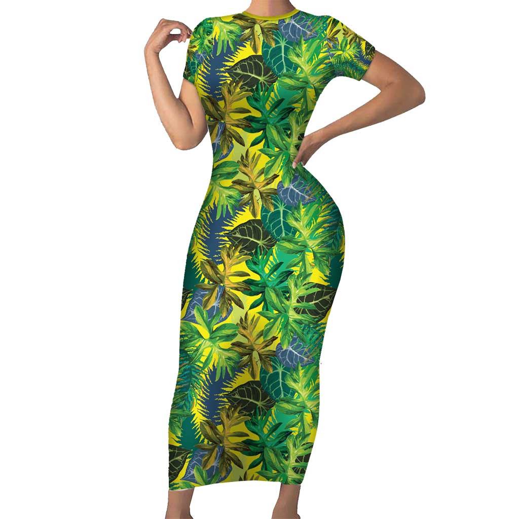 Hawaii Summer Tropical Leaves Short Sleeve Bodycon Dress LT01 Long Dress Yellow - Polynesian Pride