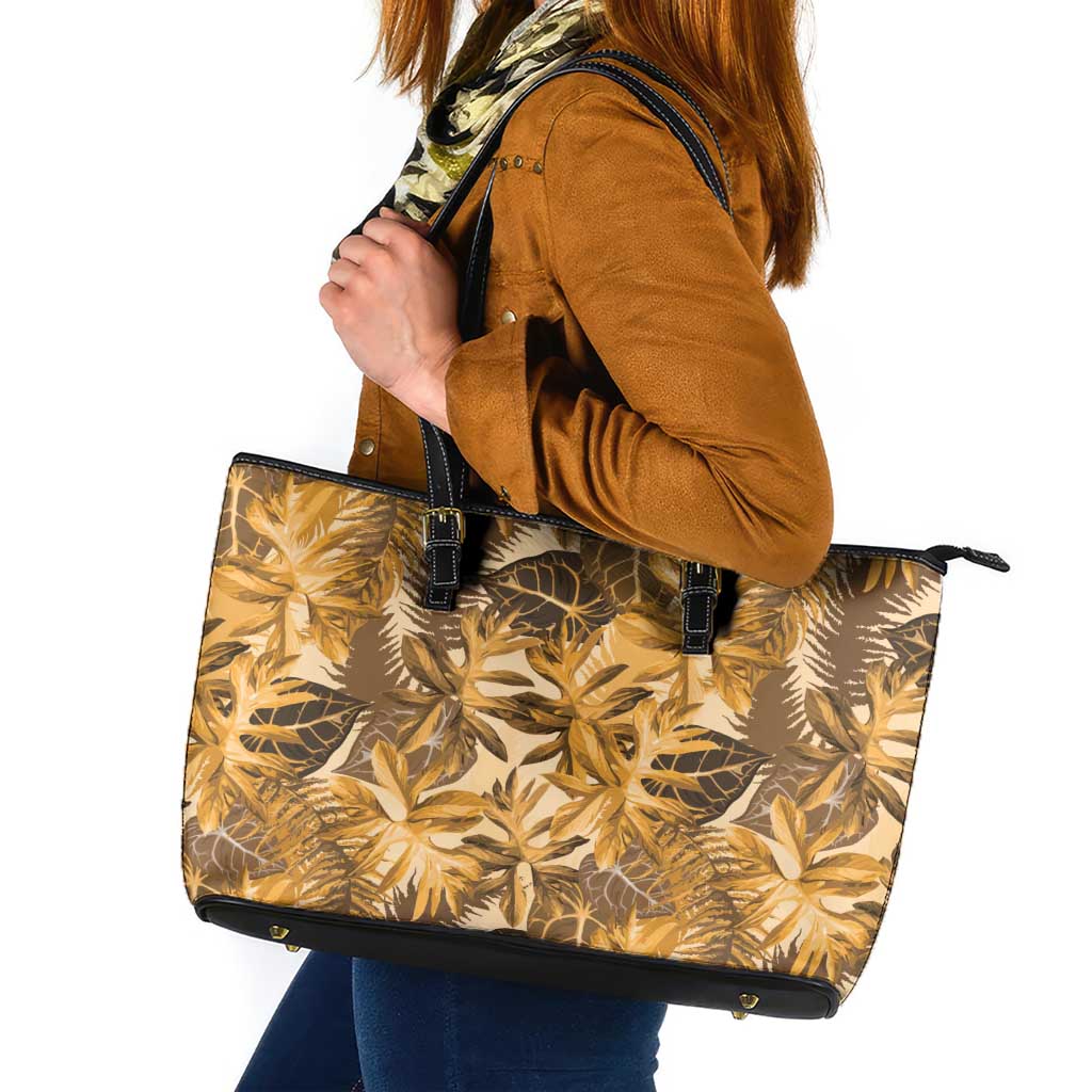 Hawaii Gold Tropical Leaves Leather Tote Bag LT01 Gold - Polynesian Pride