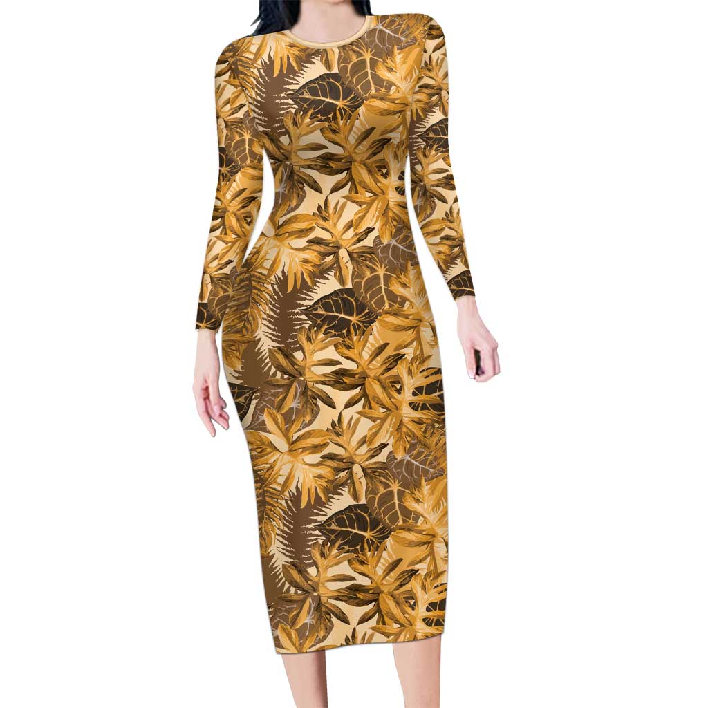 Hawaii Gold Tropical Leaves Long Sleeve Bodycon Dress LT01 Long Dress Gold - Polynesian Pride