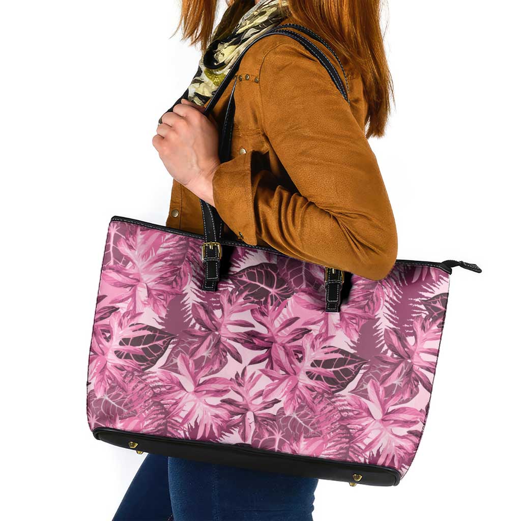 Hawaii Pink Tropical Leaves Leather Tote Bag LT01 Pink - Polynesian Pride