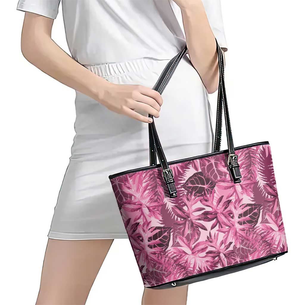 Hawaii Pink Tropical Leaves Leather Tote Bag LT01 - Polynesian Pride
