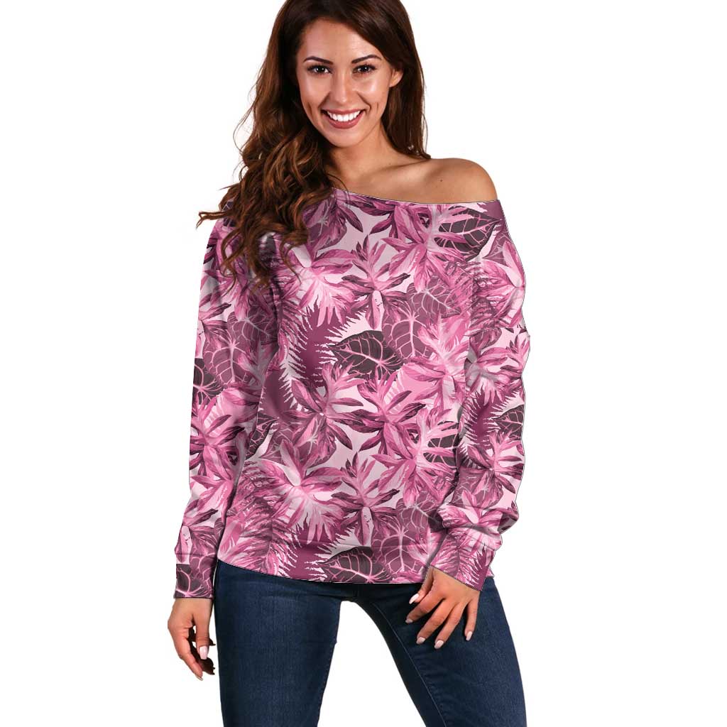 Hawaii Pink Tropical Leaves Off Shoulder Sweater LT01 Women Pink - Polynesian Pride