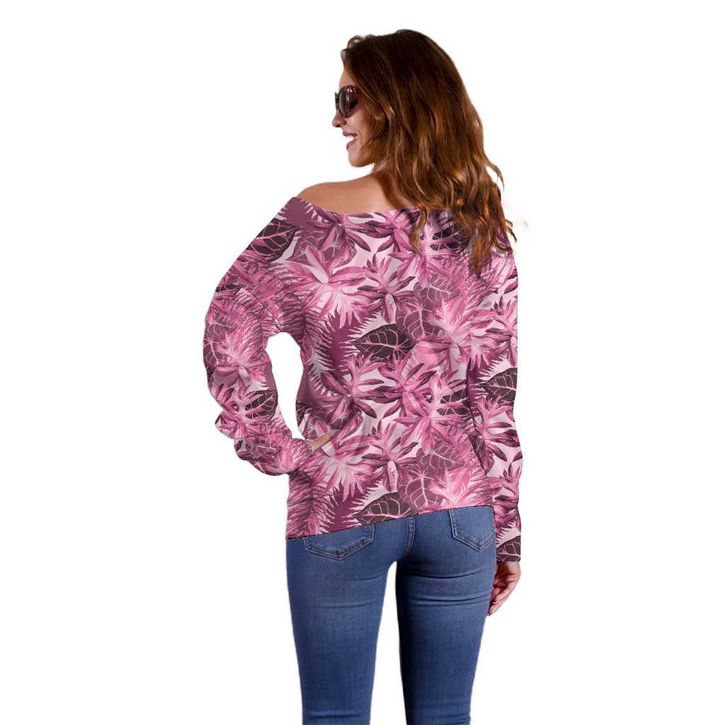 Hawaii Pink Tropical Leaves Off Shoulder Sweater LT01 - Polynesian Pride