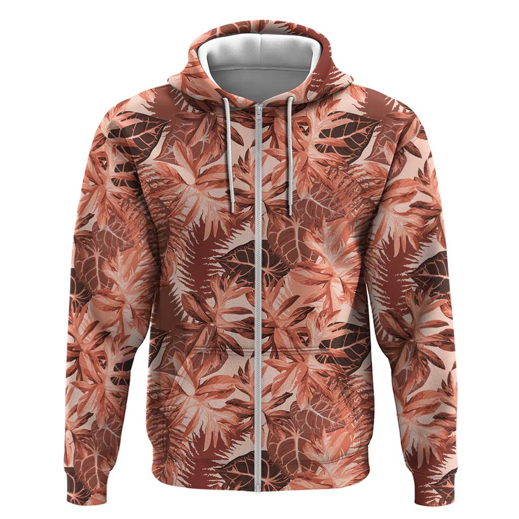Hawaii Red Brown Tropical Leaves Hoodie LT01 Zip Hoodie Brown - Polynesian Pride