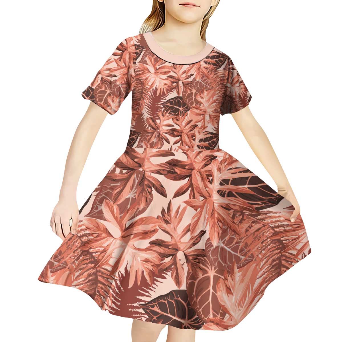 Hawaii Red Brown Tropical Leaves Kid Short Sleeve Dress LT01 - Polynesian Pride