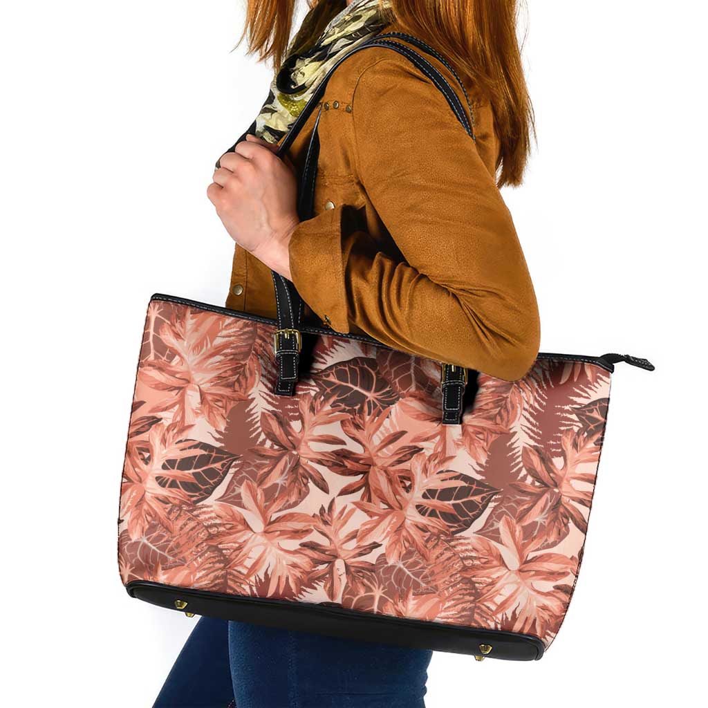 Hawaii Red Brown Tropical Leaves Leather Tote Bag LT01 Brown - Polynesian Pride
