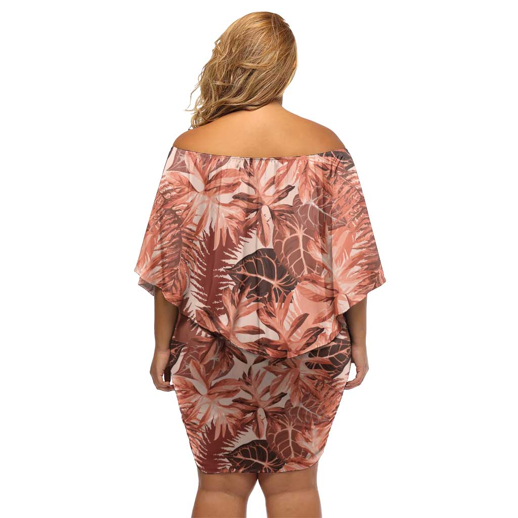 Hawaii Red Brown Tropical Leaves Off Shoulder Short Dress LT01 - Polynesian Pride
