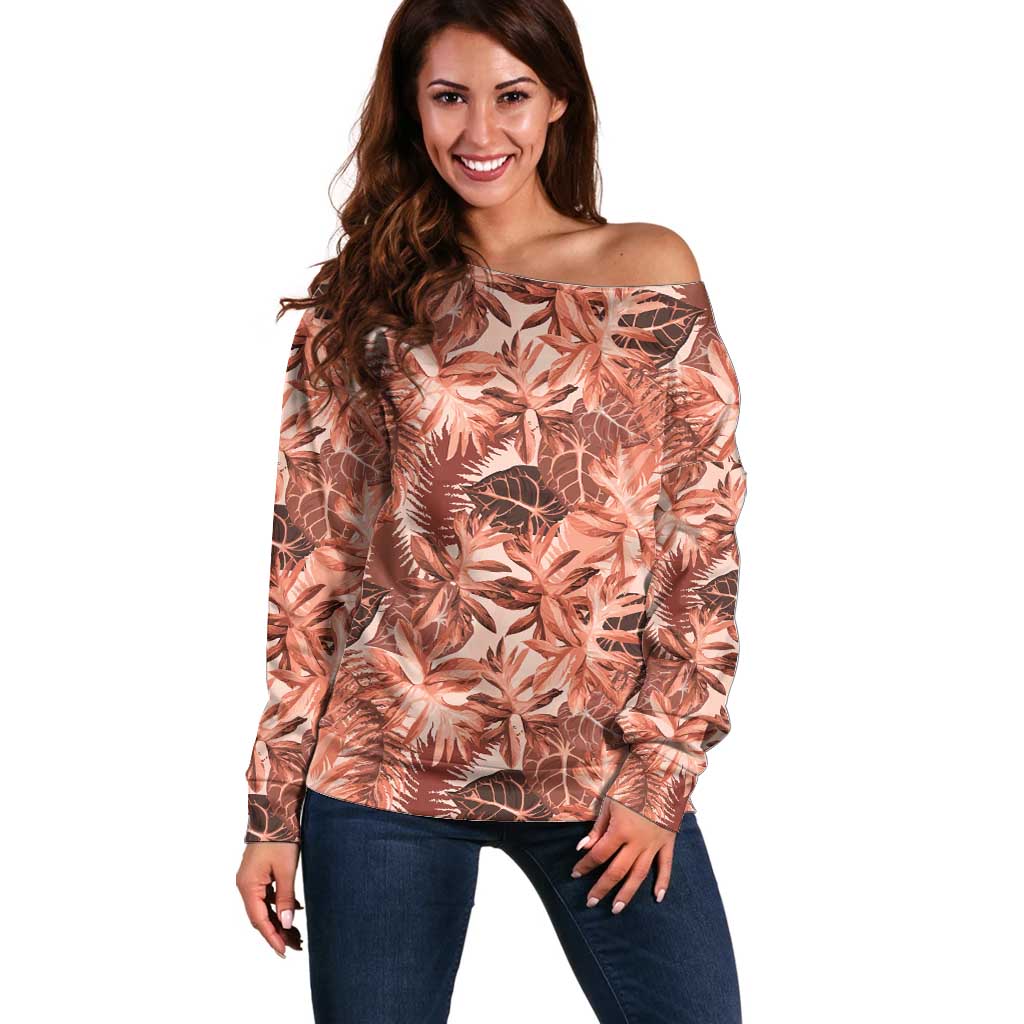Hawaii Red Brown Tropical Leaves Off Shoulder Sweater LT01 Women Brown - Polynesian Pride