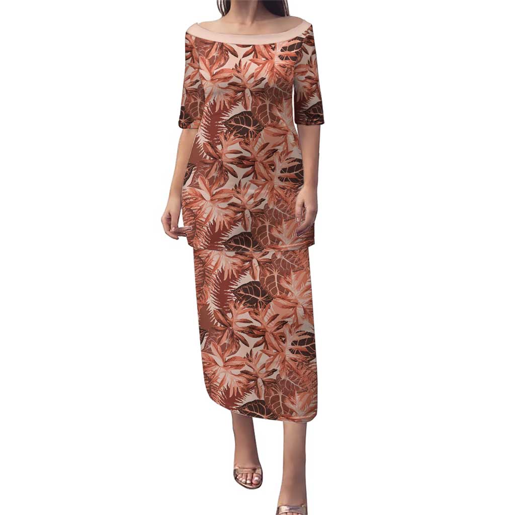 Hawaii Red Brown Tropical Leaves Puletasi LT01 Long Dress Brown - Polynesian Pride