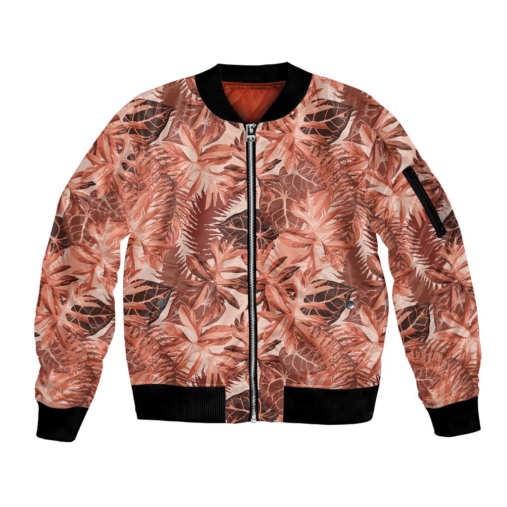 Hawaii Red Brown Tropical Leaves Sleeve Zip Bomber Jacket LT01 Unisex Brown - Polynesian Pride