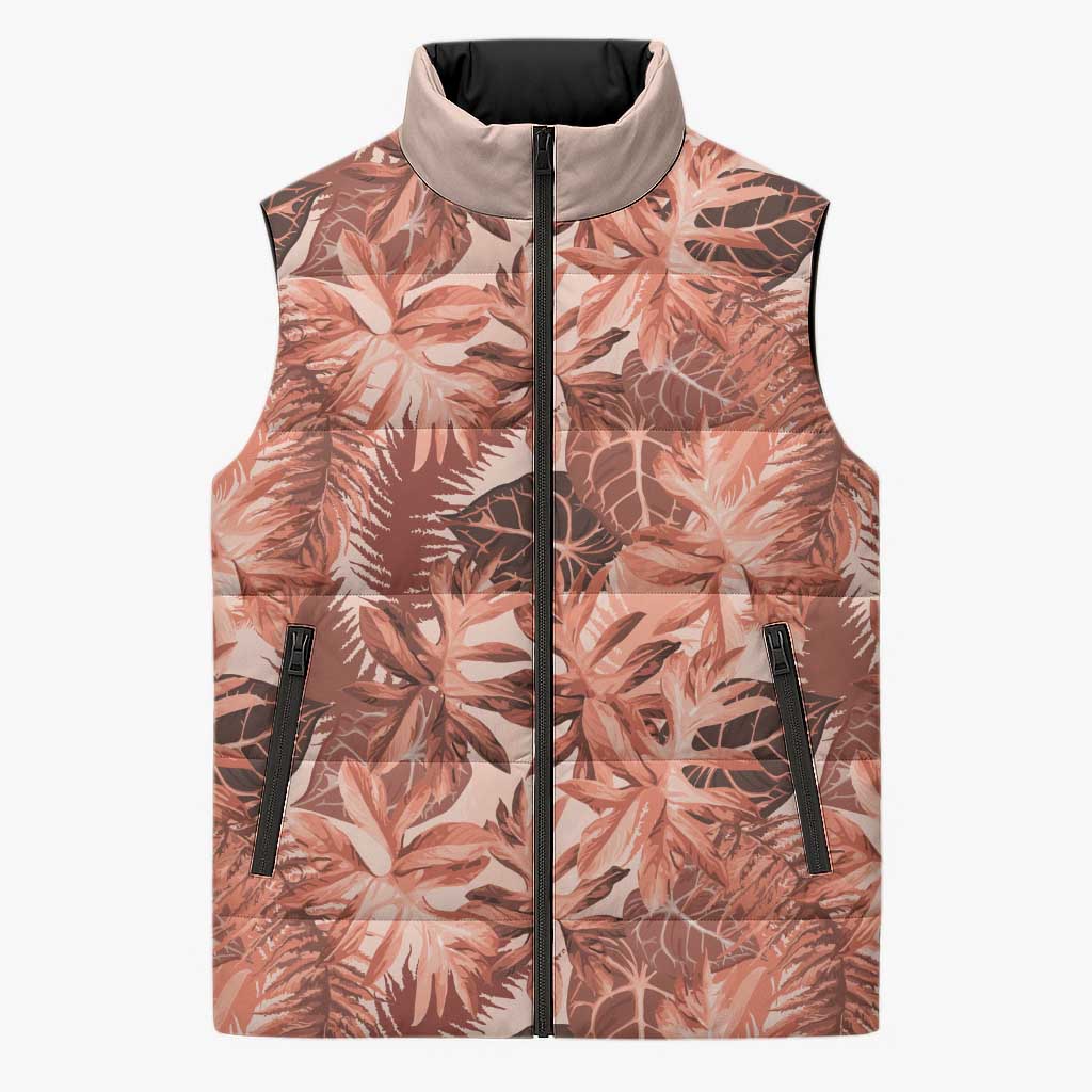 Hawaii Red Brown Tropical Leaves Sleeveless Puffer Jacket LT01 Unisex Brown - Polynesian Pride