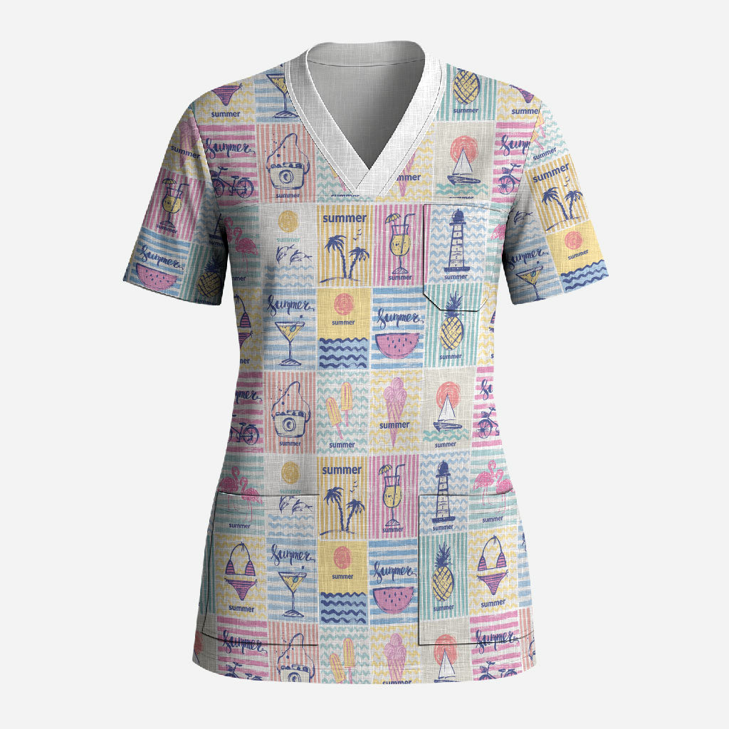 Aloha Summer Posters Grunge Textures Scrub Top LT01 Adult Multicolor - Polynesian Pride