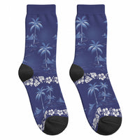 Blue Hawaii Palm Tree Hibiscus Crew Socks Fantasy Summer Vibe LT01 - Polynesian Pride