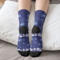 Blue Hawaii Palm Tree Hibiscus Crew Socks Fantasy Summer Vibe LT01 - Polynesian Pride