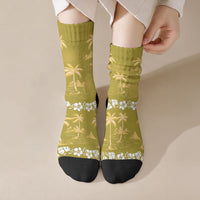 Yellow Hawaii Palm Tree Hibiscus Crew Socks Fantasy Summer Vibe LT01 Crew Socks Yellow - Polynesian Pride