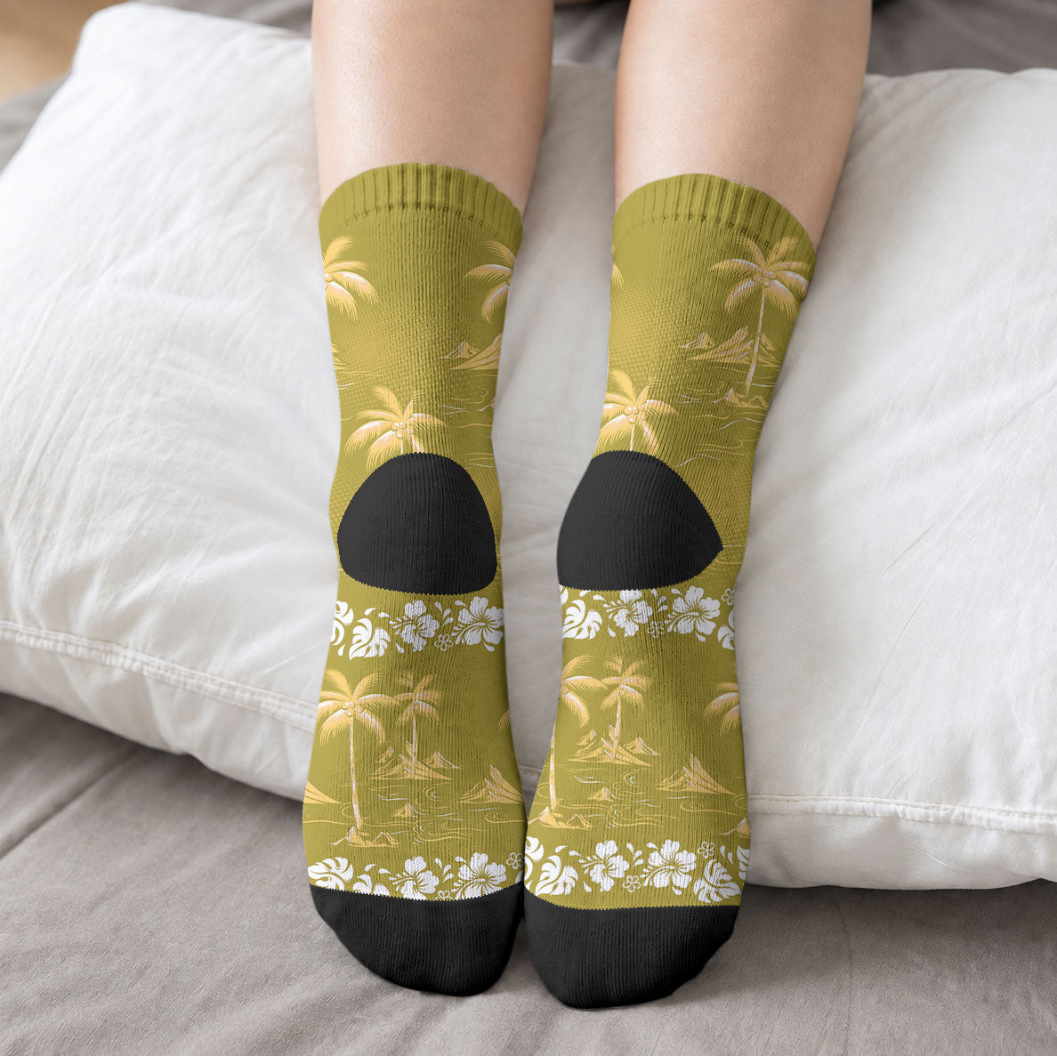 Yellow Hawaii Palm Tree Hibiscus Crew Socks Fantasy Summer Vibe LT01 - Polynesian Pride