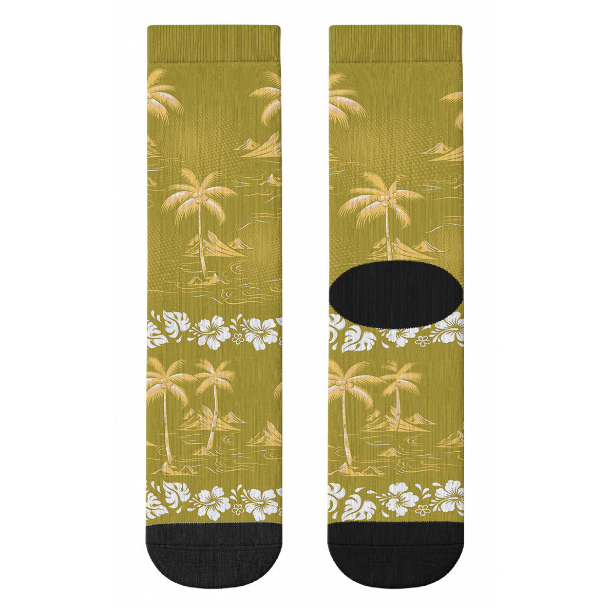Yellow Hawaii Palm Tree Hibiscus Crew Socks Fantasy Summer Vibe LT01 - Polynesian Pride