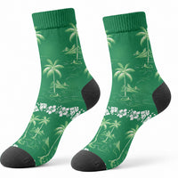 Green Hawaii Palm Tree Hibiscus Crew Socks Fantasy Summer Vibe LT01 - Polynesian Pride