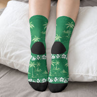 Green Hawaii Palm Tree Hibiscus Crew Socks Fantasy Summer Vibe LT01 - Polynesian Pride