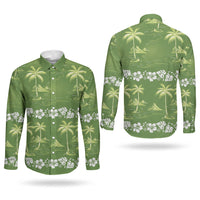 Olive Green Hawaii Palm Tree Hibiscus Couples Matching Puletasi and Long Sleeve Button Shirt Fantasy Summer Vibe LT01 - Polynesian Pride