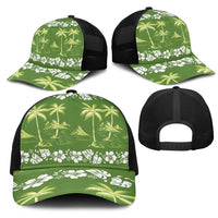 Olive Green Hawaii Palm Tree Hibiscus Mesh Trucker Cap Fantasy Summer Vibe LT01 - Polynesian Pride