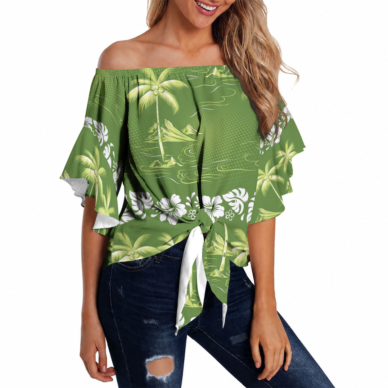 Olive Green Hawaii Palm Tree Hibiscus Off Shoulder Wrap Waist Top Fantasy Summer Vibe LT01 Olive - Polynesian Pride