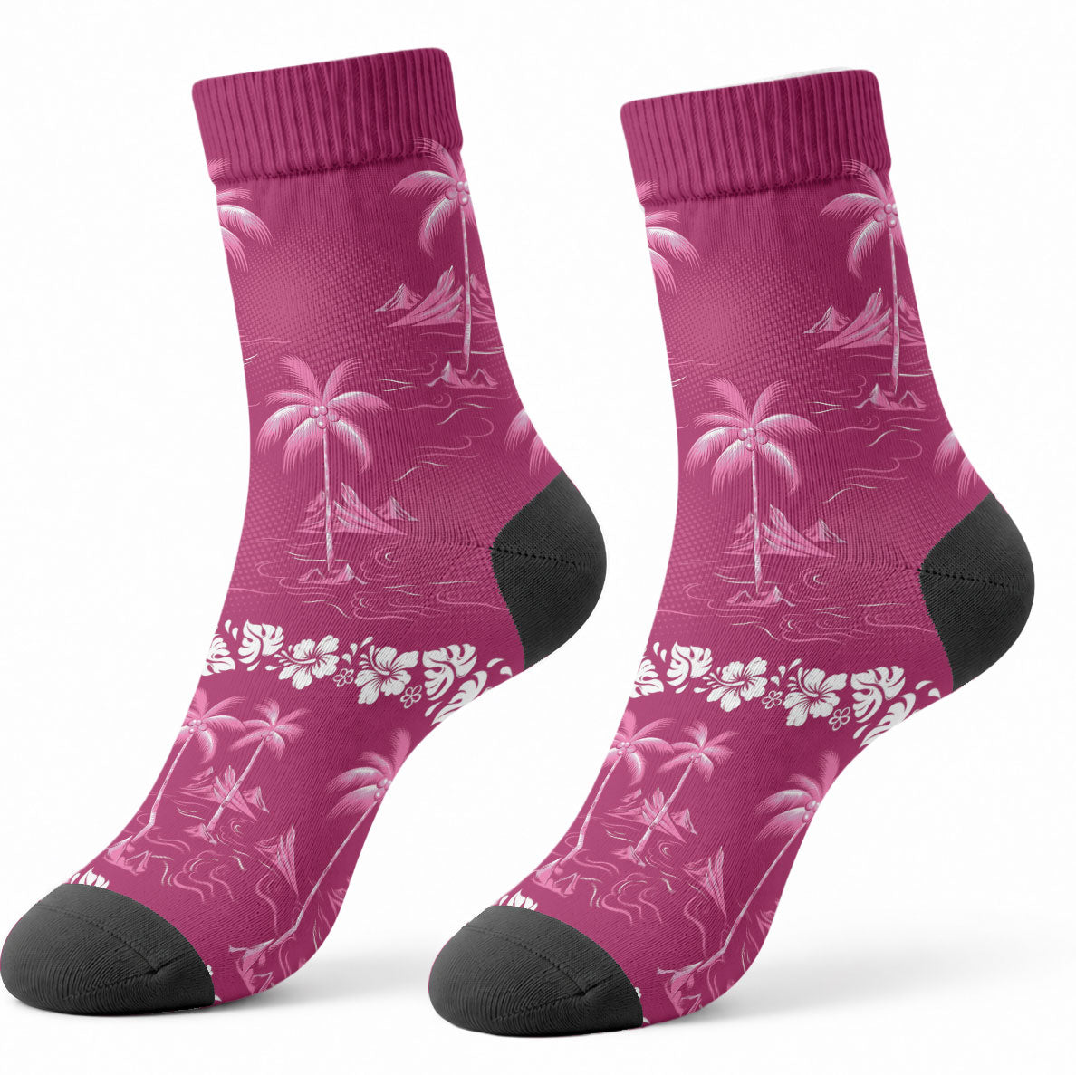 Pink Hawaii Palm Tree Hibiscus Crew Socks Fantasy Summer Vibe LT01 - Polynesian Pride