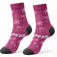 Pink Hawaii Palm Tree Hibiscus Crew Socks Fantasy Summer Vibe LT01 - Polynesian Pride