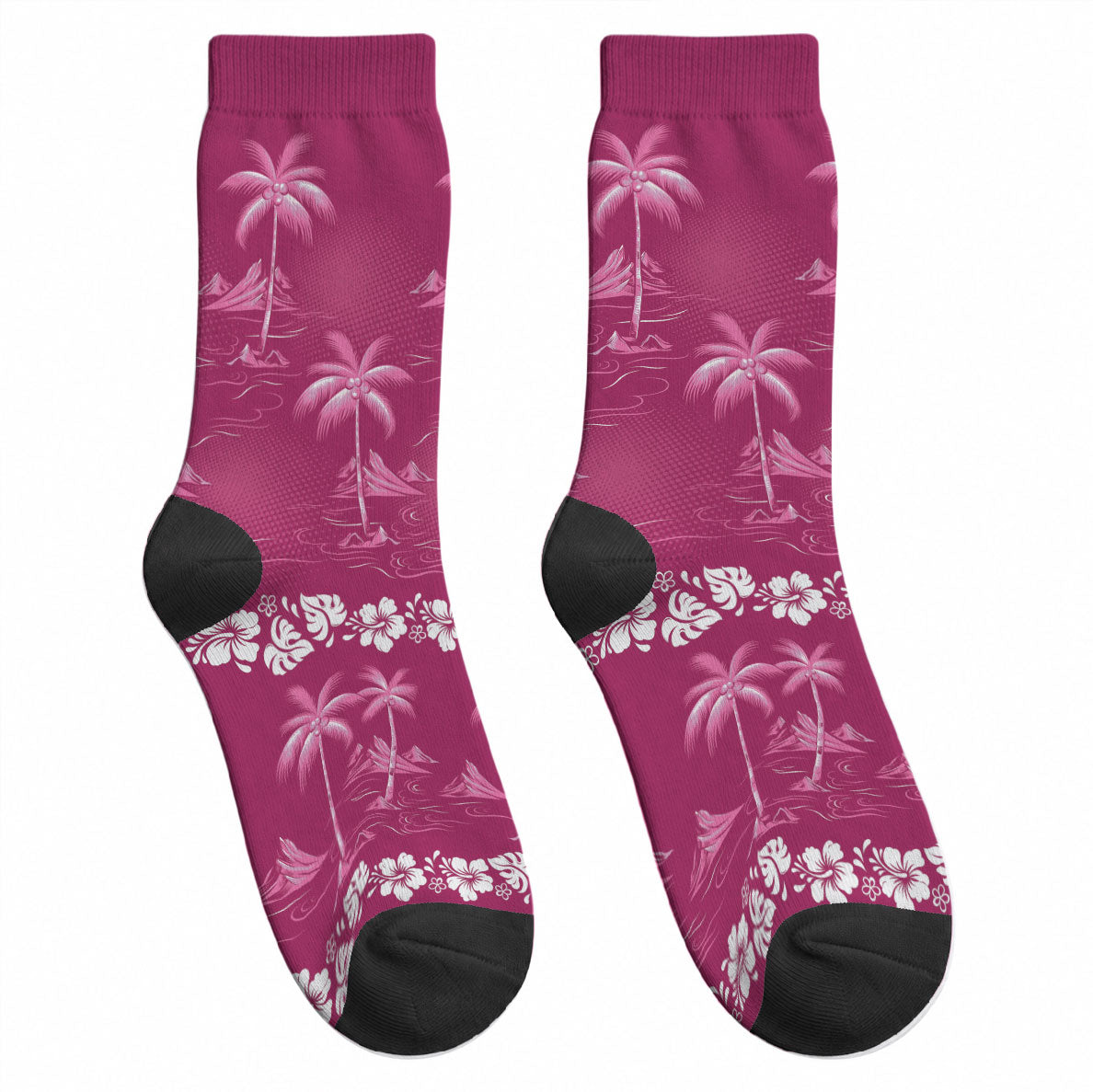 Pink Hawaii Palm Tree Hibiscus Crew Socks Fantasy Summer Vibe LT01 - Polynesian Pride