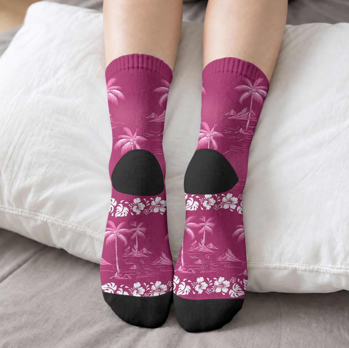 Pink Hawaii Palm Tree Hibiscus Crew Socks Fantasy Summer Vibe LT01 - Polynesian Pride