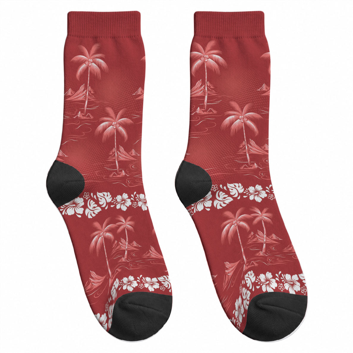 Red Hawaii Palm Tree Hibiscus Crew Socks Fantasy Summer Vibe LT01 - Polynesian Pride