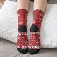 Red Hawaii Palm Tree Hibiscus Crew Socks Fantasy Summer Vibe LT01 - Polynesian Pride