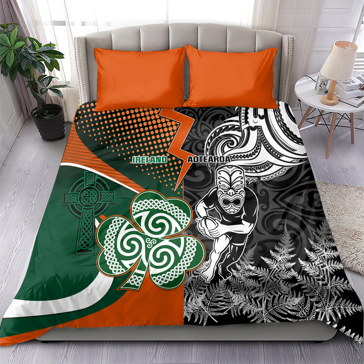 New Zealand and Ireland Rugby Bedding Set Silver Fern With Shamrock 2023 World Cup LT01 - Polynesian Pride