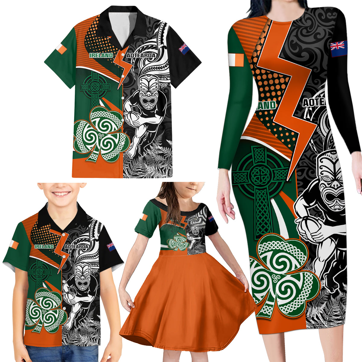 New Zealand and Ireland Rugby Family Matching Long Sleeve Bodycon Dress and Hawaiian Shirt Silver Fern With Shamrock 2023 World Cup LT01 - Polynesian Pride