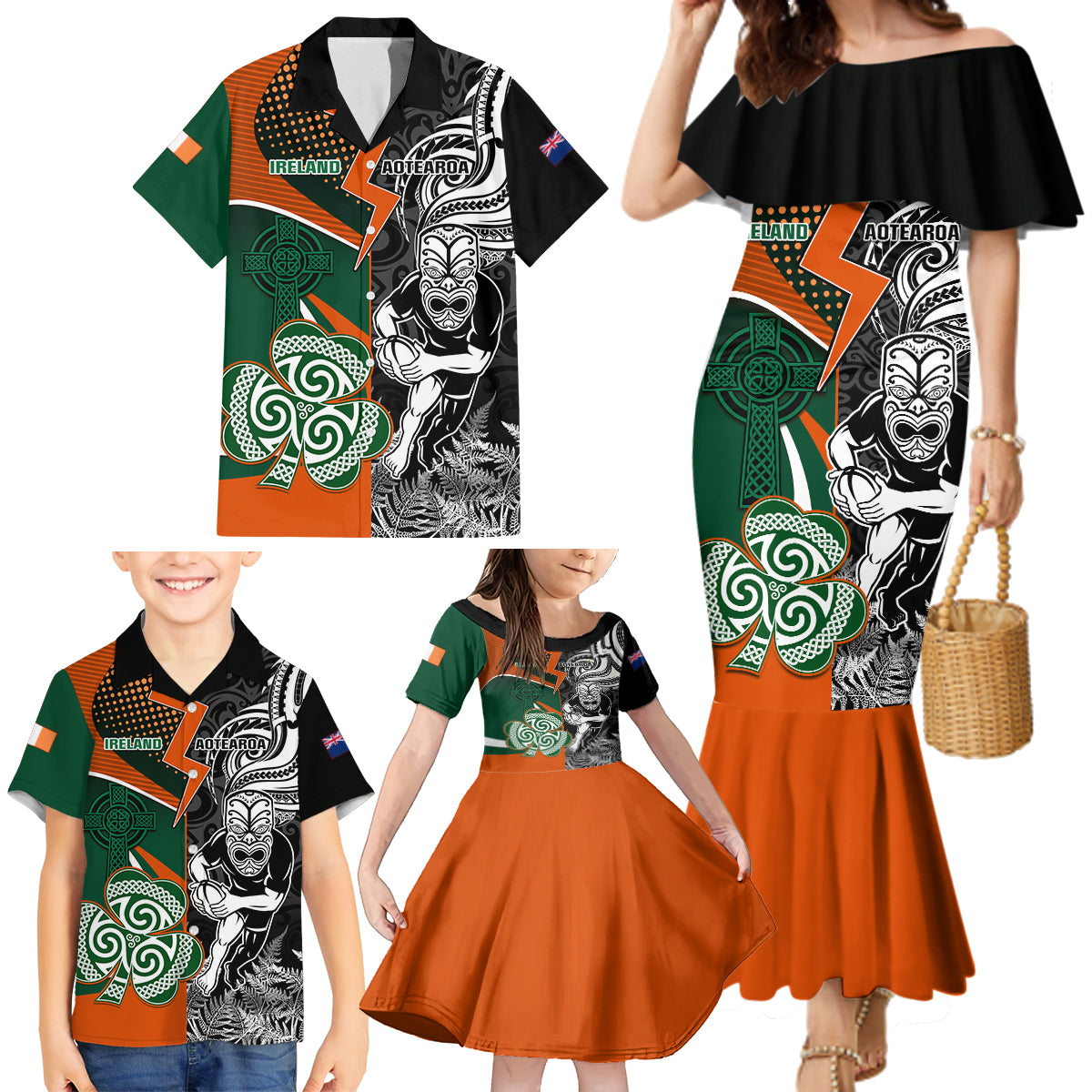 New Zealand and Ireland Rugby Family Matching Mermaid Dress and Hawaiian Shirt Silver Fern With Shamrock 2023 World Cup LT01 - Polynesian Pride