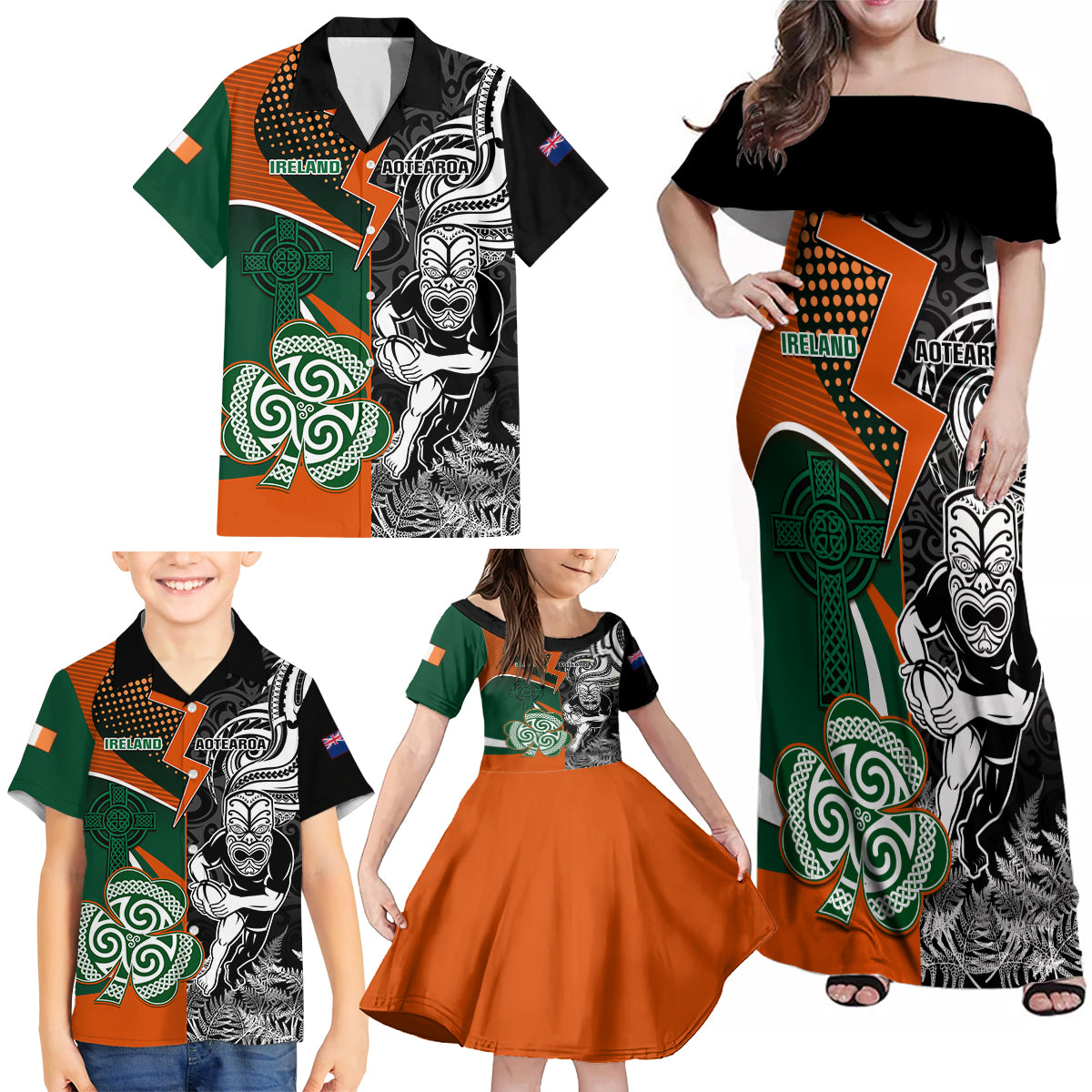 New Zealand and Ireland Rugby Family Matching Off Shoulder Maxi Dress and Hawaiian Shirt Silver Fern With Shamrock 2023 World Cup LT01 - Polynesian Pride