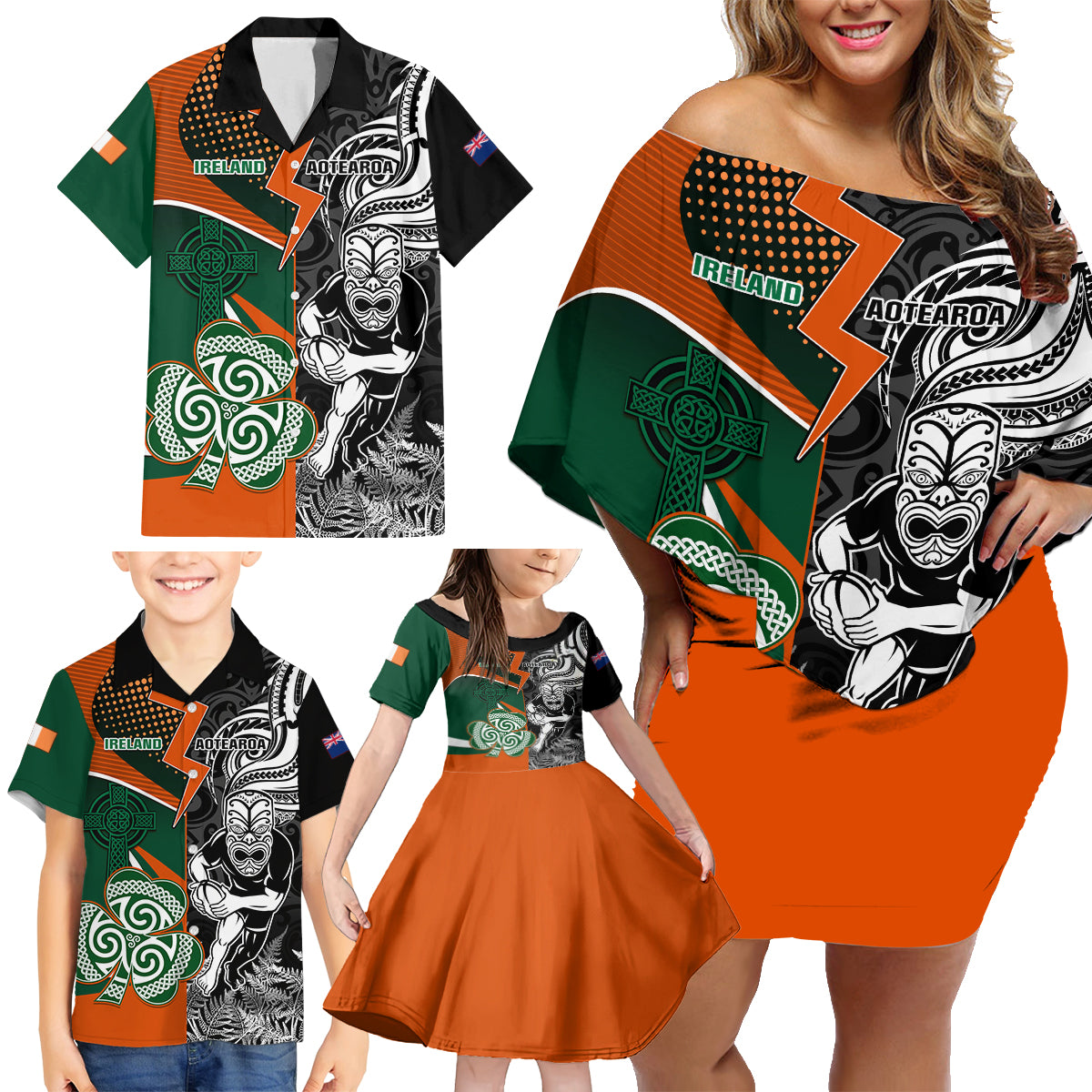 New Zealand and Ireland Rugby Family Matching Off Shoulder Short Dress and Hawaiian Shirt Silver Fern With Shamrock 2023 World Cup LT01 - Polynesian Pride