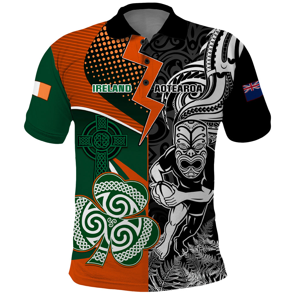 New Zealand and Ireland Rugby Polo Shirt Silver Fern With Shamrock 2023 World Cup LT01 Art - Polynesian Pride